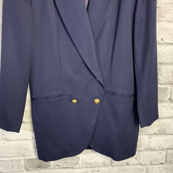 Vintage 80s 90s Double Breasted Navy Blue Wool Structured Long Blazer - Picture 3 of 13